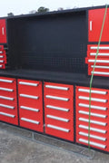 Deluxe 10 FT Tool Workbench System with 40 Red Drawers and Pegboard

Drawer Detail: Lockable Red Tool Cabinet Drawers with Smooth Slides

Pegboard View: Steel Pegboard Panel with Hanging Tool Storage

Blue Variant: Blue 10 FT Tool Cabinet Workstation with Upper and Lower Cabinets

Side Angle: Heavy-Duty Tool Workbench in Blue or Red Finish – Side Profile