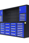 Deluxe 10 FT Tool Workbench System with 40 Red Drawers and Pegboard

Drawer Detail: Lockable Red Tool Cabinet Drawers with Smooth Slides

Pegboard View: Steel Pegboard Panel with Hanging Tool Storage

Blue Variant: Blue 10 FT Tool Cabinet Workstation with Upper and Lower Cabinets

Side Angle: Heavy-Duty Tool Workbench in Blue or Red Finish – Side Profile
