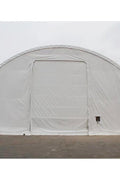 40x40x15 FT double truss fabric storage shelter mounted over shipping containers with winch door – heavy-duty PVC cover