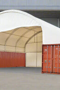 40x40x15 FT double truss fabric storage shelter mounted over shipping containers with winch door – heavy-duty PVC cover