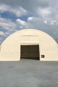 40x40x15 FT double truss fabric storage shelter mounted over shipping containers with winch door – heavy-duty PVC cover