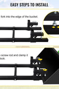 43-inch clamp-on pallet forks with stabilizer bar installed on tractor
Skid steer pallet forks loading hay bales
Adjustable clamp pallet forks for farm and industrial use
Tractor bucket pallet fork attachment with 4,000 lb capacity
Clamp-on pallet forks close-up showing tension screws and bracket