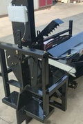 Skid steer firewood processor with 45-ton splitter attached
Log splitter with Stihl saw mounting plate
Firewood processing log cradle and splitting wedge
Heavy-duty 45-ton log processor on worksite
Operator splitting wood from skid steer seat