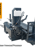 Skid steer firewood processor with 45-ton splitter attached
Log splitter with Stihl saw mounting plate
Firewood processing log cradle and splitting wedge
Heavy-duty 45-ton log processor on worksite
Operator splitting wood from skid steer seat