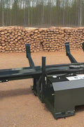 Skid steer firewood processor with 45-ton splitter attached
Log splitter with Stihl saw mounting plate
Firewood processing log cradle and splitting wedge
Heavy-duty 45-ton log processor on worksite
Operator splitting wood from skid steer seat