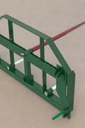 Heavy-duty green hay frame with bale spear for John Deere loader
John Deere-compatible bale spear attachment with headache rack
4500 LB hay spear frame with Conus 2 spear and fork slots