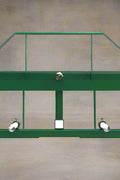 Heavy-duty green hay frame with bale spear for John Deere loader
John Deere-compatible bale spear attachment with headache rack
4500 LB hay spear frame with Conus 2 spear and fork slots