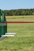 Heavy-duty green hay frame with bale spear for John Deere loader
John Deere-compatible bale spear attachment with headache rack
4500 LB hay spear frame with Conus 2 spear and fork slots