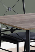 “Black metal dining table set with 4 chairs in modern kitchen”

“Compact 5-piece dining set with faux leather seats”

“Close-up of black chair with slatted back and cushioned seat”

“Space-saving dining table with wood grain finish”

“Modern 5-piece table and chair set for apartments”
