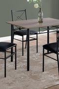 “Black metal dining table set with 4 chairs in modern kitchen”

“Compact 5-piece dining set with faux leather seats”

“Close-up of black chair with slatted back and cushioned seat”

“Space-saving dining table with wood grain finish”

“Modern 5-piece table and chair set for apartments”