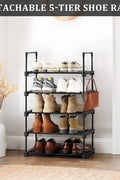 5-Tier Metal Shoe Rack – Front View

Freestanding Shoe Organizer with Hooks – In Use

Shoe Storage Rack Holding 20+ Pairs – Side Angle

Entryway Metal Shoe Rack with Hooks

Easy-to-Assemble Shoe Shelf – Unboxed View