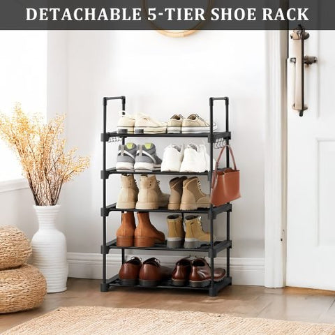 5-Tier Metal Shoe Rack – Front View

Freestanding Shoe Organizer with Hooks – In Use

Shoe Storage Rack Holding 20+ Pairs – Side Angle

Entryway Metal Shoe Rack with Hooks

Easy-to-Assemble Shoe Shelf – Unboxed View