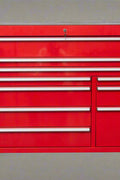 Red Siebel 55-inch tool bench with stainless steel top and drawers

Green enamel 10-drawer workbench on caster wheels

Close-up of 10 drawer tool storage cabinet – black finish

Side view of industrial mobile tool bench

Heavy-duty workstation with stainless worktop and locking wheels