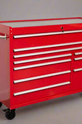 Red Siebel 55-inch tool bench with stainless steel top and drawers

Green enamel 10-drawer workbench on caster wheels

Close-up of 10 drawer tool storage cabinet – black finish

Side view of industrial mobile tool bench

Heavy-duty workstation with stainless worktop and locking wheels
