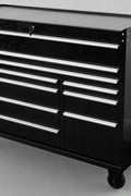 Red Siebel 55-inch tool bench with stainless steel top and drawers

Green enamel 10-drawer workbench on caster wheels

Close-up of 10 drawer tool storage cabinet – black finish

Side view of industrial mobile tool bench

Heavy-duty workstation with stainless worktop and locking wheels