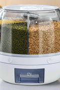 6-compartment rotating cereal and rice dispenser with clear bins, press button dispensing, and swivel base for dry food storage