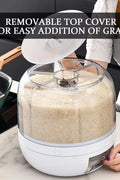 6-compartment rotating cereal and rice dispenser with clear bins, press button dispensing, and swivel base for dry food storage