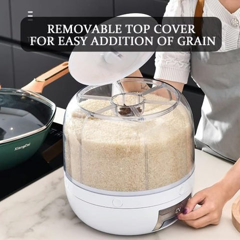 6-compartment rotating cereal and rice dispenser with clear bins, press button dispensing, and swivel base for dry food storage