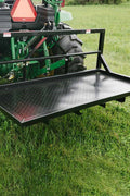 6 FT carry all platform for tractors – 3-point hitch rear attachment
Rear view of black steel tractor carry platform with diamond plate deck
Close-up of pallet fork-compatible blade pockets on tractor platform