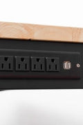 6 FT hardwood workbench with integrated power strip and steel legs

Adjustable black leg workbench with built-in power outlets

Compact 4 FT hardwood table with black metal frame

Workbench showing power outlet panel close-up

Side view of adjustable height workbench with solid wood top