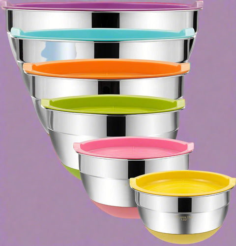 "6-Piece Stainless Steel Mixing Bowl Set with Colorful Lids"

"Non-Slip Silicone Base Stainless Mixing Bowls for Baking and Prep"

"Nesting Stainless Steel Bowls with BPA-Free Lids for Food Storage"

"Durable and Lightweight Mixing Bowls Set for Kitchen Use"

"Color Coded Lids Stainless Steel Prep Bowls Set"

