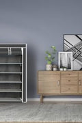6-Shelf Freestanding Shoe Rack Organizer – Full View

Entryway Shoe Storage Unit with Black Steel Frame

Assembled Closet Organizer with Footwear

Shoe Rack in Use in Bedroom Closet

Freestanding Gray & Black 6-Shelf Shoe Organizer