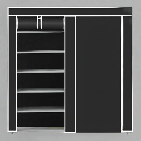 6-Shelf Freestanding Shoe Rack Organizer – Full View

Entryway Shoe Storage Unit with Black Steel Frame

Assembled Closet Organizer with Footwear

Shoe Rack in Use in Bedroom Closet

Freestanding Gray & Black 6-Shelf Shoe Organizer
