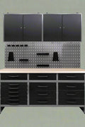 red metal tool bench with pegboard and cabinets
63-inch garage workbench for tool storage
black tool bench with drawers and upper cabinet
garage storage system with pegboard and drawers
workshop tool bench red and black finish
