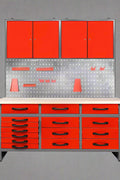 red metal tool bench with pegboard and cabinets
63-inch garage workbench for tool storage
black tool bench with drawers and upper cabinet
garage storage system with pegboard and drawers
workshop tool bench red and black finish