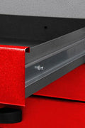 red metal tool bench with pegboard and cabinets
63-inch garage workbench for tool storage
black tool bench with drawers and upper cabinet
garage storage system with pegboard and drawers
workshop tool bench red and black finish