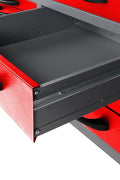 red metal tool bench with pegboard and cabinets
63-inch garage workbench for tool storage
black tool bench with drawers and upper cabinet
garage storage system with pegboard and drawers
workshop tool bench red and black finish