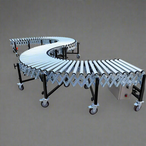 65 FT Expandable Electric Roller Conveyor with Powered Rollers

Close-up of roller segments and stainless steel frame

Adjustable legs with locking casters for stable movement

Extended conveyor system view – ideal for material handling

Compacted conveyor system showing portability and storage mode