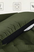 69.7-inch modern velvet sofa in navy blue with tufted back

Gray velvet upholstered sofa with pillows

Side view of modern green couch with wooden legs

Mid-century couch with tufted back and square arms