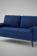 69.7-inch modern velvet sofa in navy blue with tufted back

Gray velvet upholstered sofa with pillows

Side view of modern green couch with wooden legs

Mid-century couch with tufted back and square arms