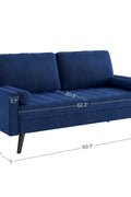 69.7-inch modern velvet sofa in navy blue with tufted back

Gray velvet upholstered sofa with pillows

Side view of modern green couch with wooden legs

Mid-century couch with tufted back and square arms