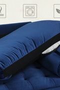69.7-inch modern velvet sofa in navy blue with tufted back

Gray velvet upholstered sofa with pillows

Side view of modern green couch with wooden legs

Mid-century couch with tufted back and square arms