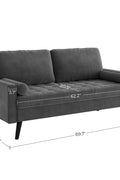 69.7-inch modern velvet sofa in navy blue with tufted back

Gray velvet upholstered sofa with pillows

Side view of modern green couch with wooden legs

Mid-century couch with tufted back and square arms