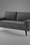 69.7-inch modern velvet sofa in navy blue with tufted back

Gray velvet upholstered sofa with pillows

Side view of modern green couch with wooden legs

Mid-century couch with tufted back and square arms