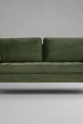 69.7-inch modern velvet sofa in navy blue with tufted back

Gray velvet upholstered sofa with pillows

Side view of modern green couch with wooden legs

Mid-century couch with tufted back and square arms