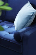 69.7-inch modern velvet sofa in navy blue with tufted back

Gray velvet upholstered sofa with pillows

Side view of modern green couch with wooden legs

Mid-century couch with tufted back and square arms