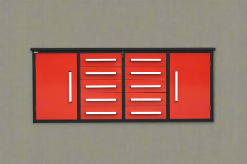 Red 7FT tool bench with drawers – front view

Blue tool chest storage drawers – side view

Stainless steel workbench close-up

Organized industrial tool station

Drawer slides and top workspace detail