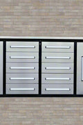 Red 7FT tool bench with drawers – front view

Blue tool chest storage drawers – side view

Stainless steel workbench close-up

Organized industrial tool station

Drawer slides and top workspace detail
