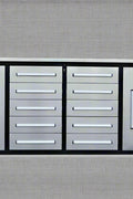 Red 7FT tool bench with drawers – front view

Blue tool chest storage drawers – side view

Stainless steel workbench close-up

Organized industrial tool station

Drawer slides and top workspace detail