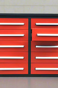 Red 7FT tool bench with drawers – front view

Blue tool chest storage drawers – side view

Stainless steel workbench close-up

Organized industrial tool station

Drawer slides and top workspace detail
