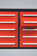 Red 7FT tool bench with drawers – front view

Blue tool chest storage drawers – side view

Stainless steel workbench close-up

Organized industrial tool station

Drawer slides and top workspace detail