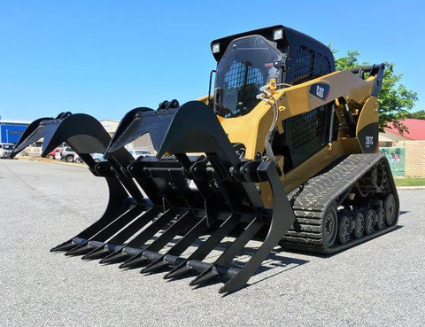 72" skid steer grapple bucket front view

84" rock grapple on skid steer in action

Close-up of dual hydraulic cylinder and hose setup

Heavy-duty tines and steel frame

Grapple holding large rocks and debris

