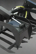 72" skid steer grapple bucket front view

84" rock grapple on skid steer in action

Close-up of dual hydraulic cylinder and hose setup

Heavy-duty tines and steel frame

Grapple holding large rocks and debris

