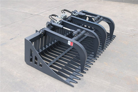 72" root grapple bucket attachment front view
Heavy-duty grapple bucket with dual hydraulic cylinders
Side view of SS grapple bucket in black finish
Top-angle view of 84" grapple for skid steer
