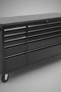 72” Black Rolling Tool Chest with Wood Top – Angled Front View

Black Steel 15-Drawer Workbench – Open Drawers

Locking Mechanism and Handle – Close-Up

Rear View of Rolling Tool Bench on Casters