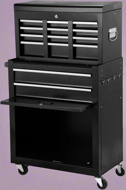Black 8-drawer rolling tool chest with lock and wheels
Heavy-duty metal tool cabinet with detachable top chest
Garage storage cabinet with secure locking and spacious drawers